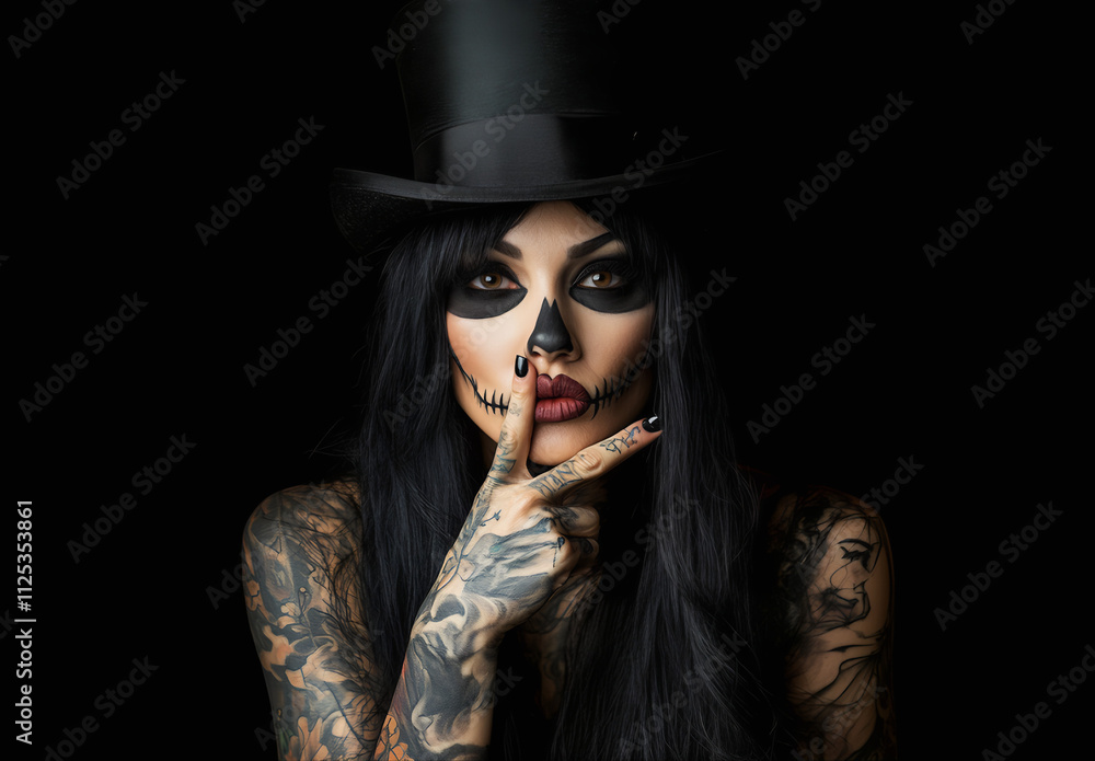 A beautiful woman with long black hair and a full-body tattoo, wearing a top hat, gesturing to her lips as if shushing in a silent gesture, her face painted as a horror skull mask for a Halloween part A beautiful woman with long black hair and a full-body tattoo, wearing a top hat, gesturing to her lips as if shushing in a silent gesture, her face painted as a horror skull mask for a Halloween part