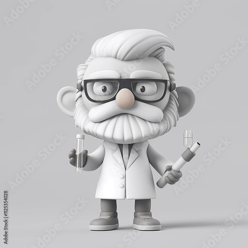 A strict chemistry professor character stands confidently, wearing safety goggles and a lab coat