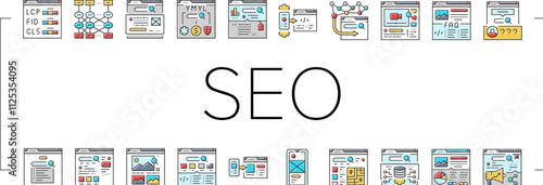 seo digital optimization strategy icons set vector. local service, analysis media, consulting web, ecommerce backlink seo digital optimization strategy color line illustrations