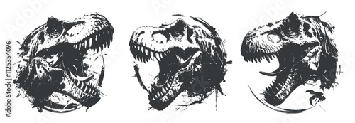 dinosaurs grunge set. tyrannosaurus head monochrome emblem, dinosaur rex open mouth jurassic predator reptile print vector illustration