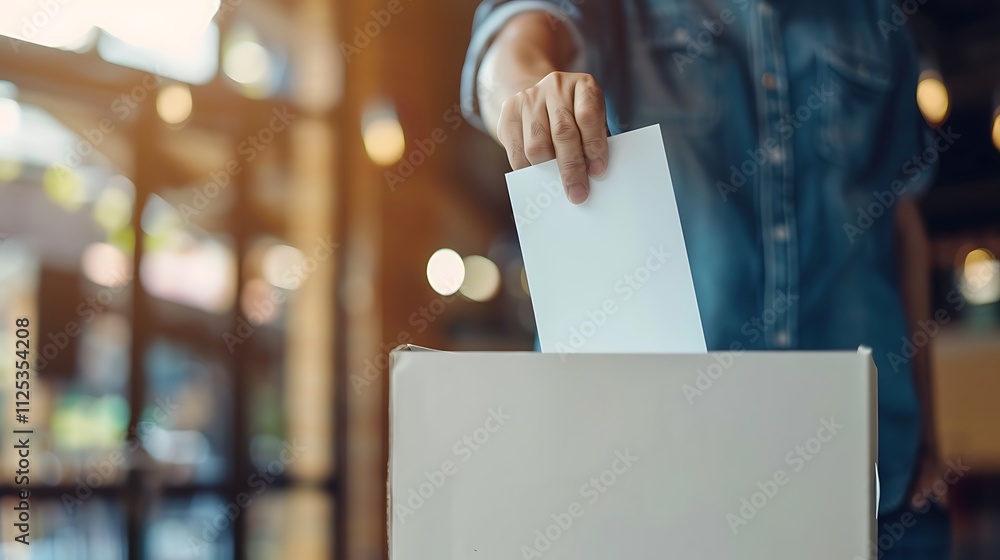 Male hand putting voting paper in a ballot box on bokeh background Male hand putting voting paper in a ballot box on bokeh background