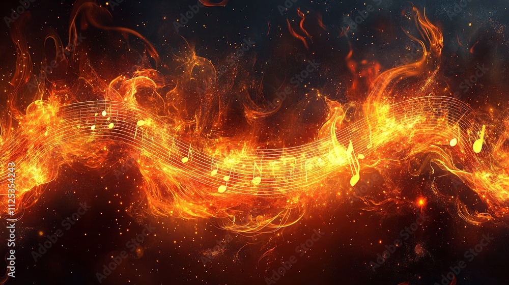 A visually striking explosion of musical notes abstract background with fire on backdrop banner
A visually striking explosion of musical notes abstract background with fire on backdrop banner