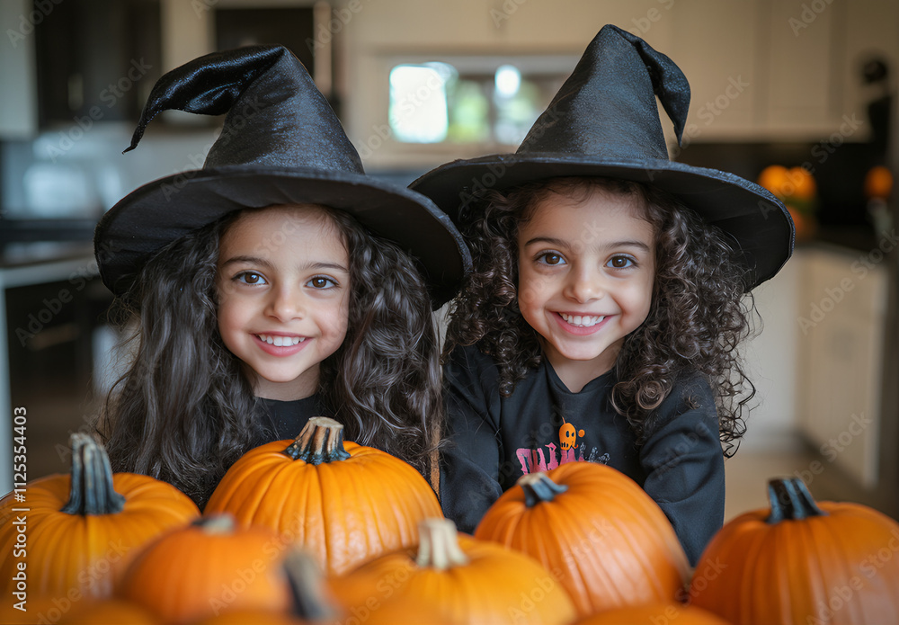 Two children in costumes of witches, with black hats and curly hair, are smiling at the camera on a table full of Halloween pumpkins in a well-lit kitchen background, Two children in costumes of witches, with black hats and curly hair, are smiling at the camera on a table full of Halloween pumpkins in a well-lit kitchen background,