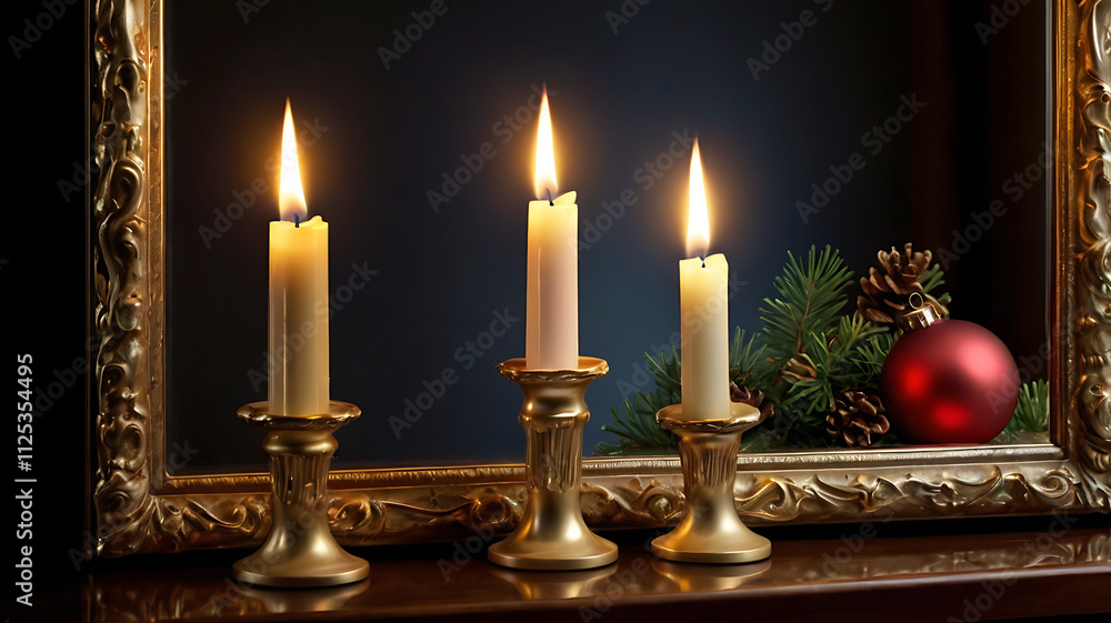Three lit candles in gold candle holders, with Christmas decorations reflected in an ornate mirror. Three lit candles in gold candle holders, with Christmas decorations reflected in an ornate mirror.