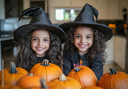 Two children in costumes of witches, with black hats and curly hair, are smiling at the camera on a table full of Halloween pumpkins in a well-lit kitchen background,