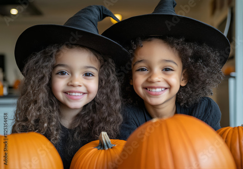 Two children in costumes of witches, with black hats and curly hair, are smiling at the camera on a table full of Halloween pumpkins in a well-lit kitchen background,