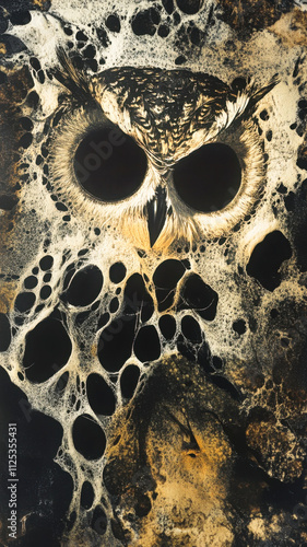 An intricate illustration of a chemigram on photographic paper, highly detailed, tonal contrast, depicting the outline of an owl. The image has an occult symbolic feel. photo