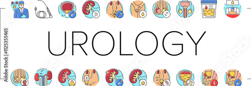 urology prostate urinary kidney icons set vector. bladder human, men cancer, urologist renal, tract stone, cystitis doctor, nephrology urology prostate urinary kidney color line illustrations