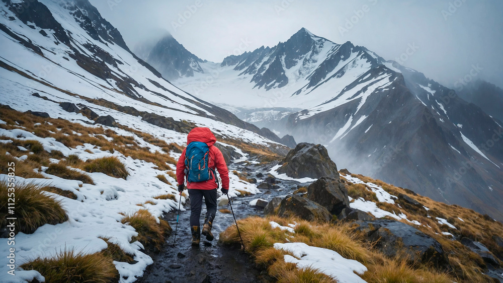 A hiker in a red jacket and blue backpack treks through a challenging mountain trail blanketed in snow. Surrounded by towering peaks and misty skies. A hiker in a red jacket and blue backpack treks through a challenging mountain trail blanketed in snow. Surrounded by towering peaks and misty skies.