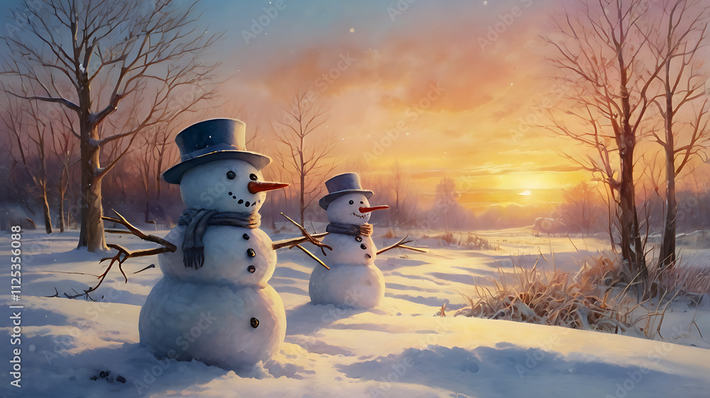 Fototapeta premium Two snowmen stand in a snowy field at sunset.