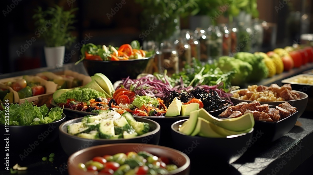 A photo of a trendy salad bar with fresh ingredients. A photo of a trendy salad bar with fresh ingredients.