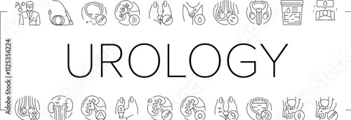 urology prostate urinary kidney icons set vector. bladder human, men cancer, urologist renal, tract stone, cystitis doctor, nephrology urology prostate urinary kidney black contour illustrations