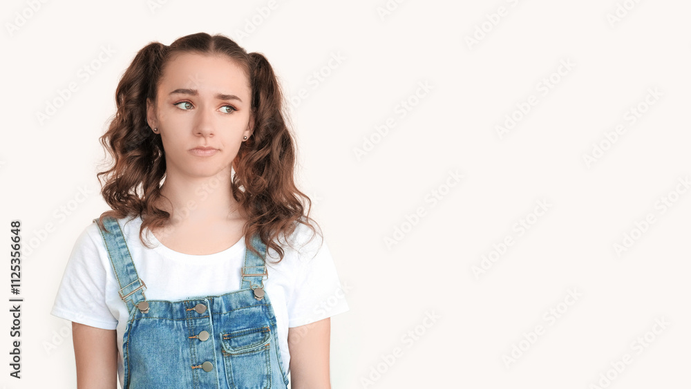 Disappointed female. Bored adolescence. Hopeless upset young girl teenager with 2 ponytails feeling sorry isolated on white copy space background. Disappointed female. Bored adolescence. Hopeless upset young girl teenager with 2 ponytails feeling sorry isolated on white copy space background.