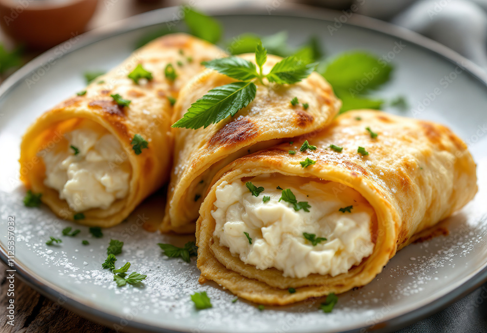 A photo of a plate with three rolled blini filled with cottage cheese A photo of a plate with three rolled blini filled with cottage cheese
