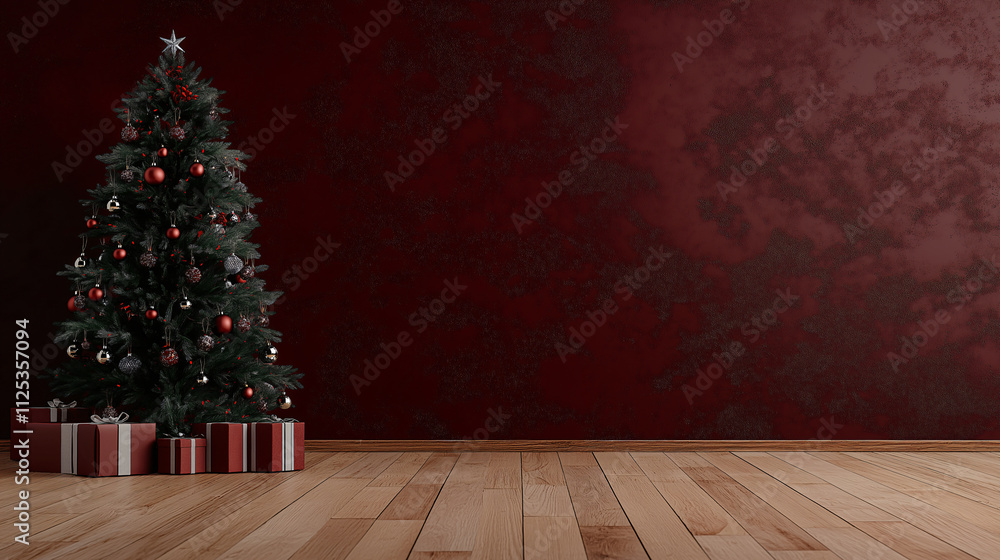 green Christmas tree elegant red silver ornaments wrapped gift boxes warm festive background sparkling holiday lights wallpaper banner web promotion backdrop wooden floor interior copy space dark green Christmas tree elegant red silver ornaments wrapped gift boxes warm festive background sparkling holiday lights wallpaper banner web promotion backdrop wooden floor interior copy space dark