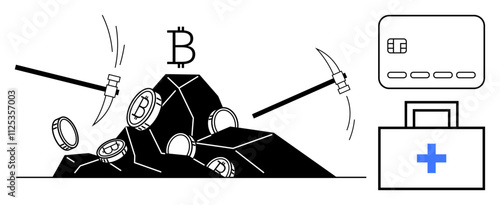 Pickaxes extracting Bitcoin coins from rock, a credit card, and a medical kit with a blue cross. Ideal for cryptocurrency, mining, digital finance, healthcare expenses, investment, tech security