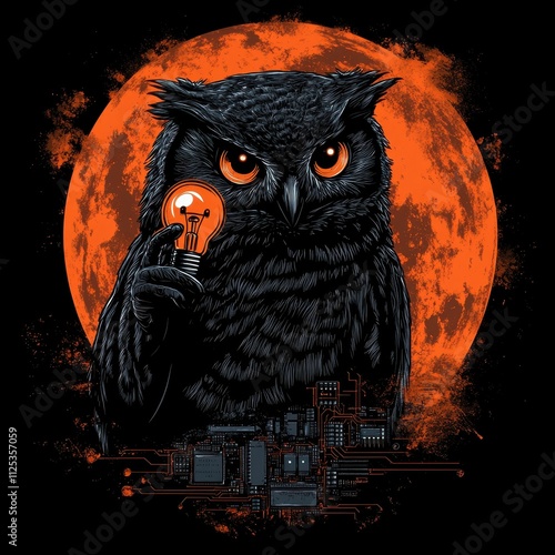 Dark owl holding lightbulb, orange moon, circuit background. photo