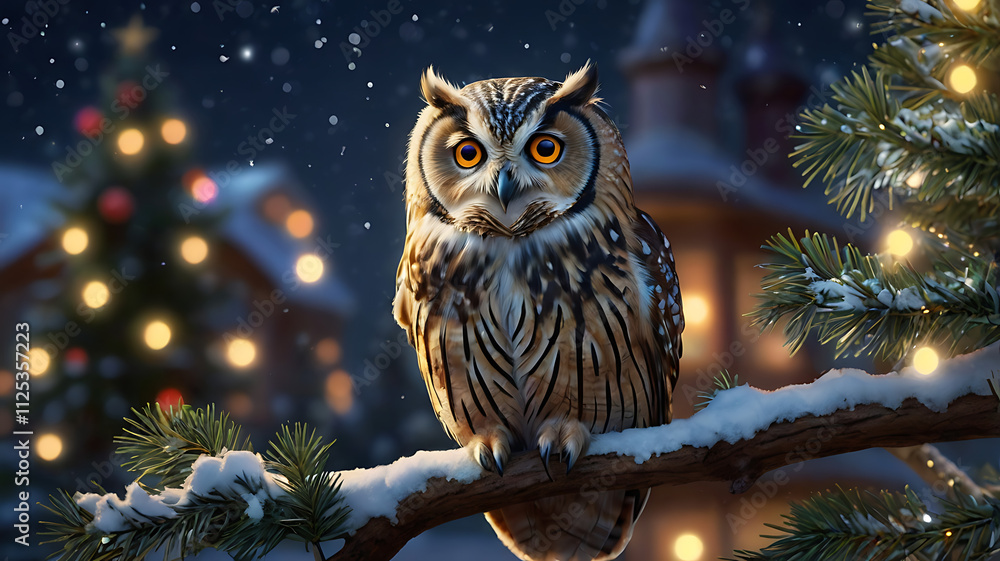 Wise owl perched on snowy branch, Christmas lights and snowfall background. Wise owl perched on snowy branch, Christmas lights and snowfall background.