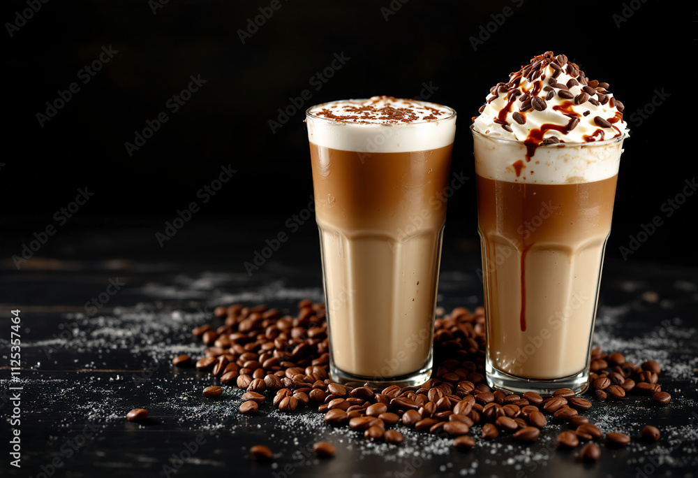 A photo of three coffee drinks on a dark wooden background A photo of three coffee drinks on a dark wooden background