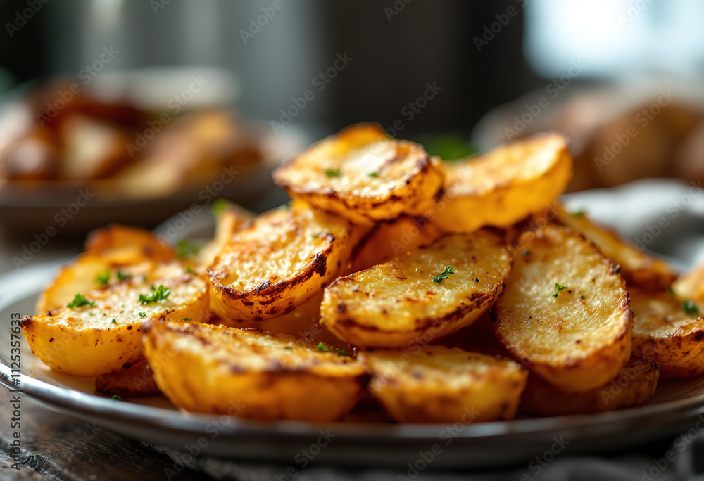 a plate of golden brown roasted potato wedges a plate of golden brown roasted potato wedges