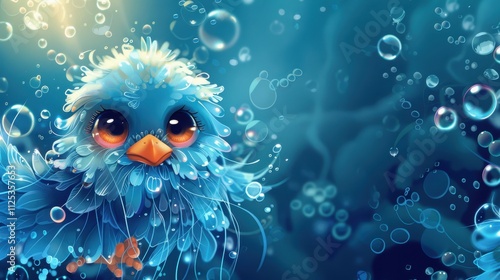 Cartoon bird face with a jellyfish, deep sea background with bubbles