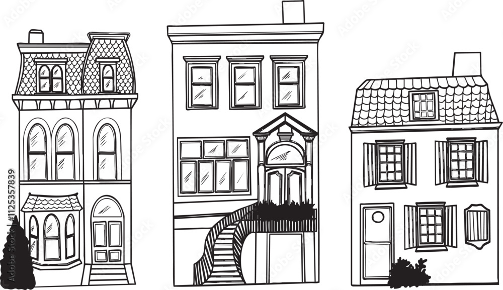 Obraz premium Ensemble Illustration maison vecteur lignes noires immeuble architecture 