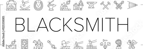 blacksmith forge anvil hammer icons set vector. smith metal, smithy craftsman, fire steel, work farrier, black forging, sword strike blacksmith forge anvil hammer black contour illustrations