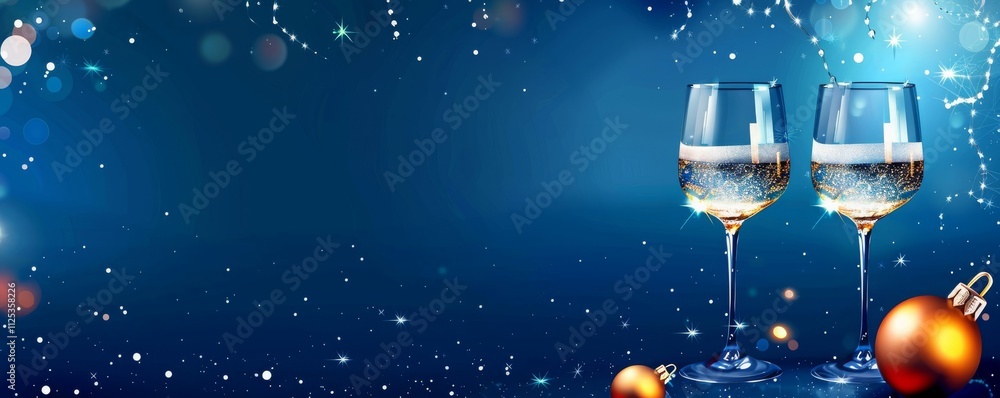 Festive banner. Two glasses of champagne on dark blue background with Christmas tree with lights bokeh, glitter and sparks, confetti. Christmas celebration concept with copy space for text. MZ Festive banner. Two glasses of champagne on dark blue background with Christmas tree with lights bokeh, glitter and sparks, confetti. Christmas celebration concept with copy space for text. MZ