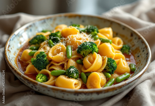 pasta cappelletti mixed with green vegetables, such as broccoli and green beans, stewed in gravy