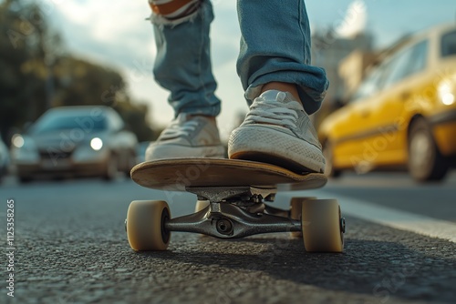 Skateboarder skateboarding on urban street on summer day