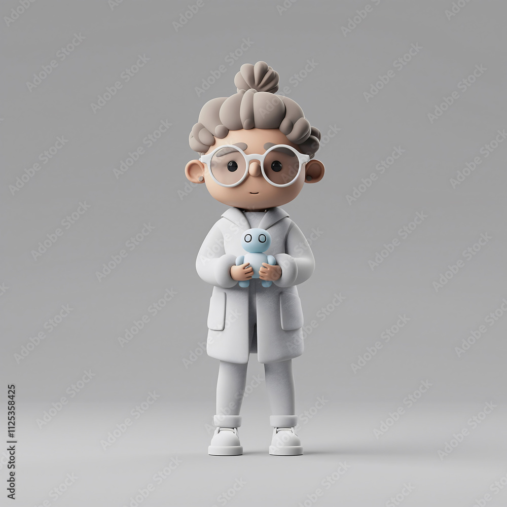 A 3D character portrays a special education teacher with a warm and caring expression. Dressed in soft-colored clothing, the teacher holds a small toy, creating a gentle atmosphere A 3D character portrays a special education teacher with a warm and caring expression. Dressed in soft-colored clothing, the teacher holds a small toy, creating a gentle atmosphere