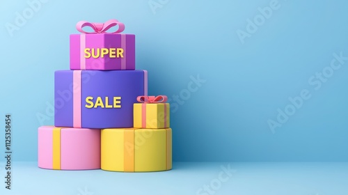 Colorful gift boxes stacked for a super sale, creating a lively and festive shopping atmosphere.
