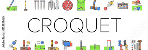 croquet mallet game ball icons set vector. croquette old, tournament garden, lawn stick, grass sport, playing wooden croquet mallet game ball color line illustrations