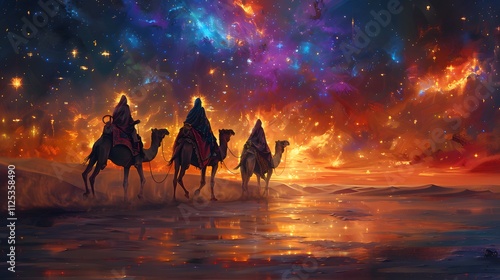 Wallpaper Mural Mystical silhouettes of the Three Kings on camels, radiant colors from their robes blending with the vivid starry sky, glowing gifts tied in ornate cloths, Torontodigital.ca