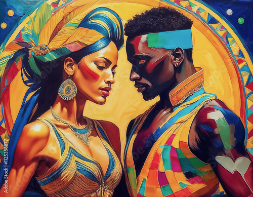 Carnaval, une femme métisse et un homme noir dansent ensemble serrés l'un contre l'autre, gros plan, magnifique, coloré, exotique