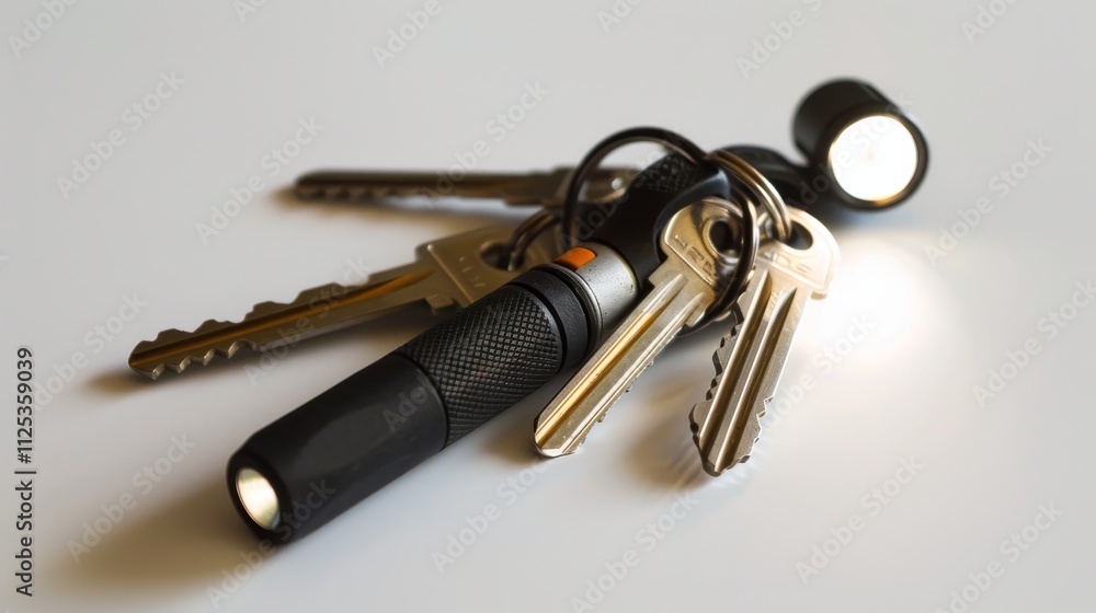 A flashlight attached to a set of keys, illuminating the surface. A flashlight attached to a set of keys, illuminating the surface.