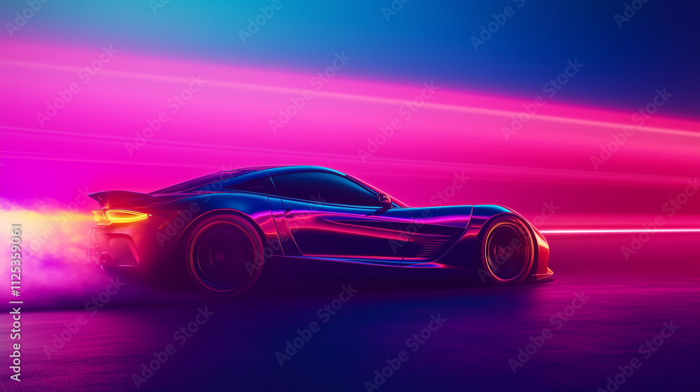Futuristic car moving at high speed concept horizontal poster. Powerful acceleration of a supercar on a night track with colorful lights and trails. Bright colors. Digital illustration. AI artwork. Futuristic car moving at high speed concept horizontal poster. Powerful acceleration of a supercar on a night track with colorful lights and trails. Bright colors. Digital illustration. AI artwork.