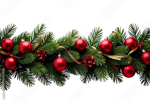 Christmas garland with red and gold ornaments, pine branches, and ribbons on a white background. PNG transparent.