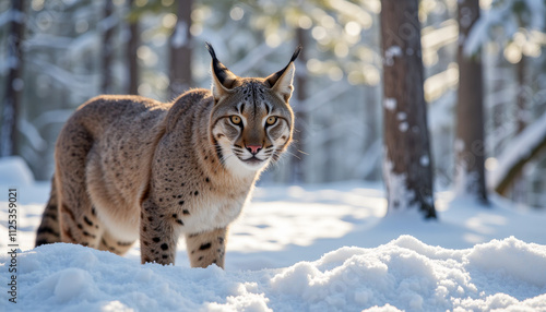 Bobcat in the Snow on a Sunny Winter Day. Close-up Photo