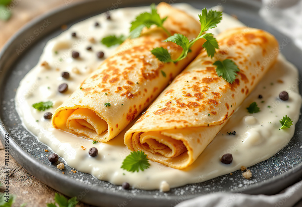 A gourmet dish of two rolled thin pancakes on a white sauce A gourmet dish of two rolled thin pancakes on a white sauce