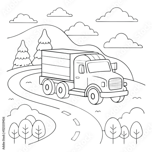 truck on the road a coloring book page