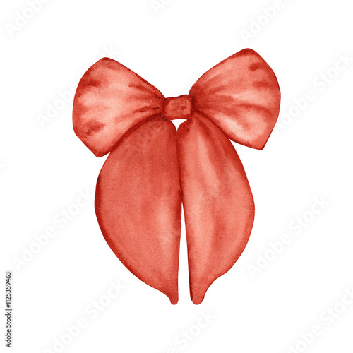 Illustration of a red watercolor bow. The bow is hand drawn in watercolor technique. For your design