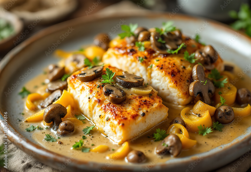 A photo of a plate with chunks of fish baked with creamy vegetables and mushroom sauce A photo of a plate with chunks of fish baked with creamy vegetables and mushroom sauce
