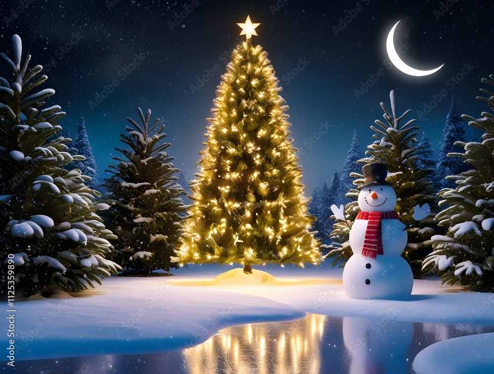 Obraz premium glowing christmas tree with a snowman
