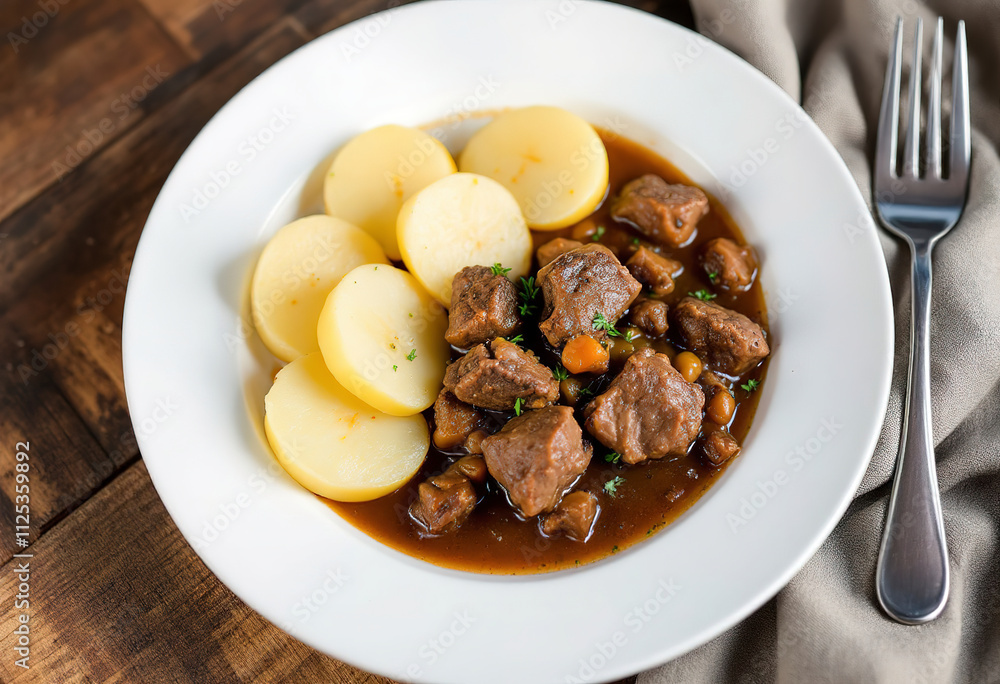 A photo of a white plate with slices of boiled potatoes and a rich, brown stew with chunks of beef meat A photo of a white plate with slices of boiled potatoes and a rich, brown stew with chunks of beef meat