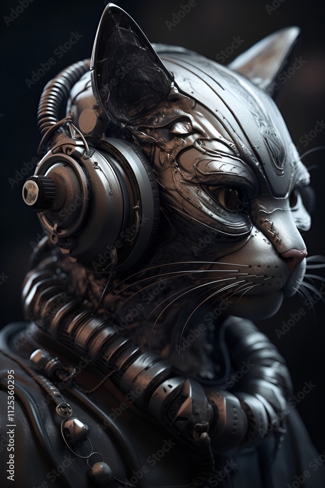 Futuristic robotic cat with headphones and metallic details