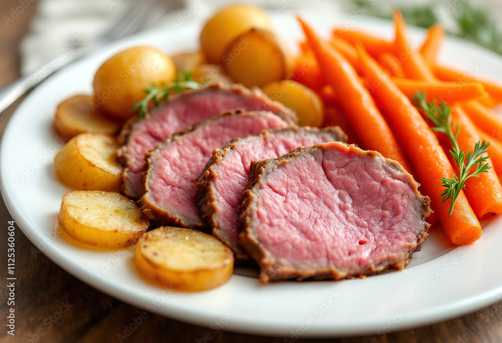 A white plate with thinly sliced pinkish corned beef meat, golden-brown roasted potatoes, and vibrant orange carrots A white plate with thinly sliced pinkish corned beef meat, golden-brown roasted potatoes, and vibrant orange carrots