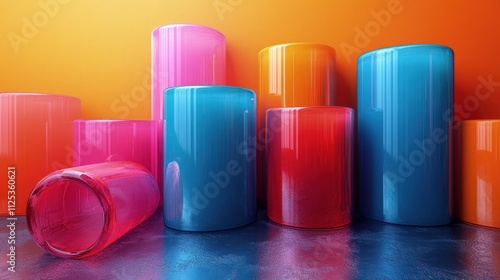 Colorful glossy cylinders on reflective surface.