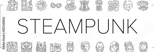 steampunk vintage metal steam icons set vector. gear old, punk brass, retro clock, machine mechanism, industrial rusty bronze, cog steampunk vintage metal steam black contour illustrations