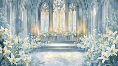 Heavenly garden with white lilies illuminated by soft light  